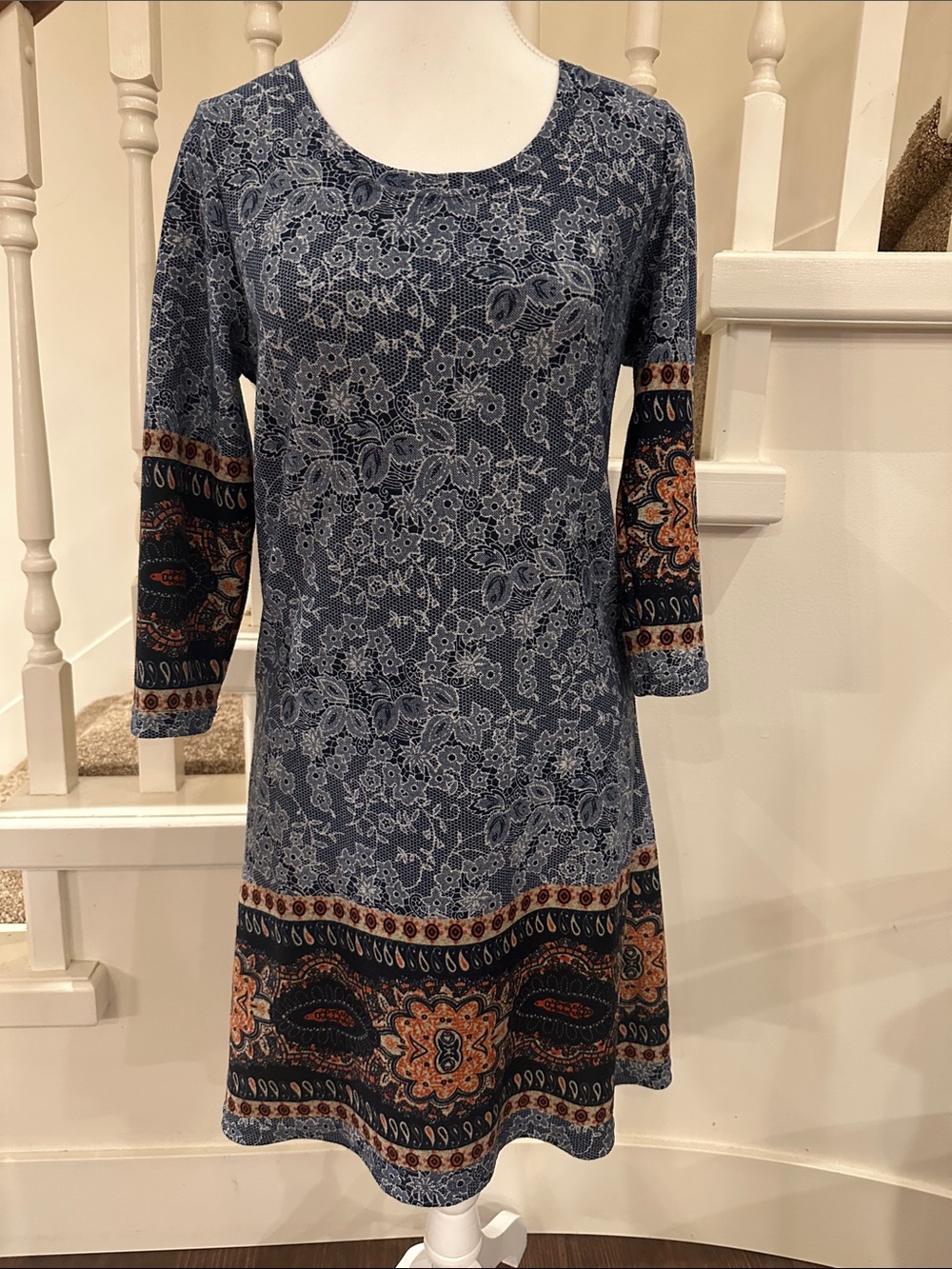 Women's Navy Floral Border-Print Scoop Neck Dress by Papillon
